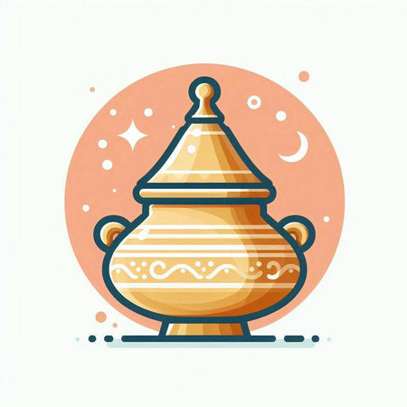 Vector illustration of a traditional clay pot with a crescent moon.のイラスト素材