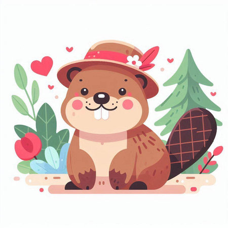 Cute beaver in a hat and flowers. Vector illustration.のイラスト素材