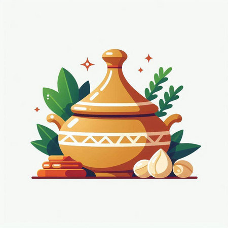 Ceramic pot with honey and spices. Vector illustration in flat styleのイラスト素材