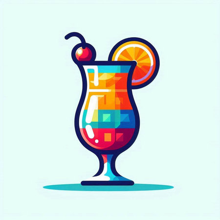 Cocktail with orange and cherry on blue background. Vector illustration.のイラスト素材