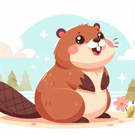 Cartoon beaver sitting on the sand in the forest. Vector illustrationのイラスト素材