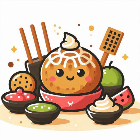 Illustration of a Smiling Japanese Dessert with Chopsticks and Sushiのイラスト素材