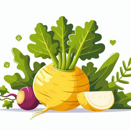 Vector illustration of fresh turnip with green leaves isolated on white backgroundのイラスト素材