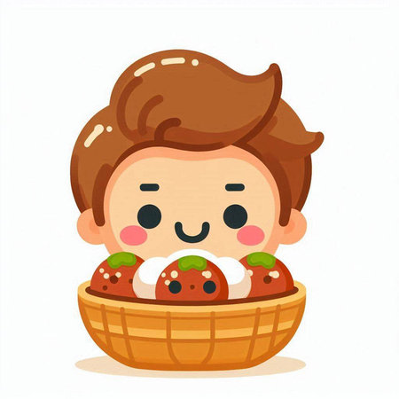 Cute little boy eating strawberries in a basket. Vector illustration.のイラスト素材