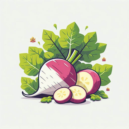 Vector illustration of fresh radish with green leaves on white background.のイラスト素材