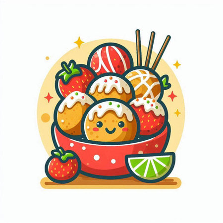 Cute cartoon ice cream in a bowl with fruits. Vector illustration.のイラスト素材