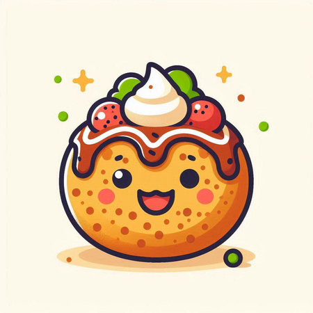 Cute cartoon pancake character with whipped cream and strawberry, vector illustrationのイラスト素材