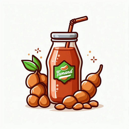 Tamarind juice in a glass bottle with a straw. Vector illustration.のイラスト素材