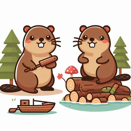 Cute beaver family in the forest. Cartoon vector illustration.のイラスト素材