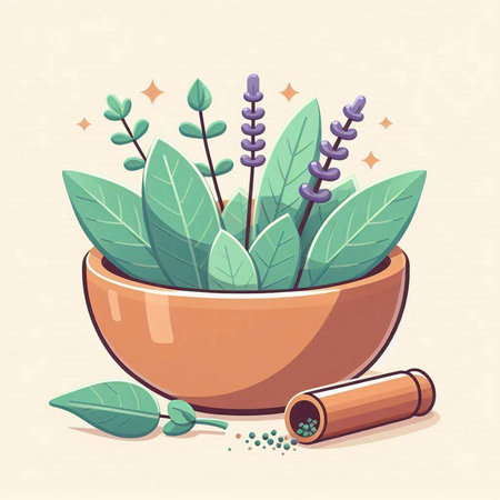 Herbs in a bowl. Vector illustration in flat cartoon style.のイラスト素材