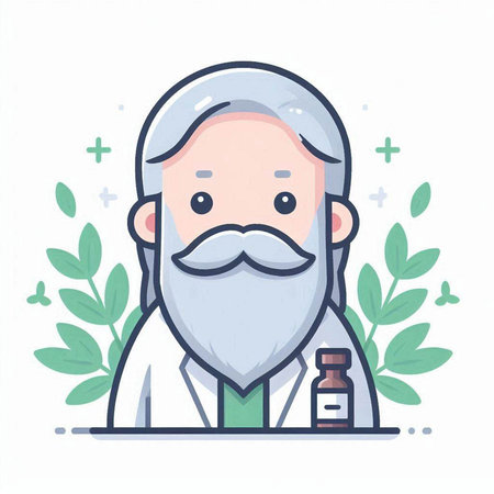 Scientist with a beard and a bottle of medicine. Vector illustration.のイラスト素材