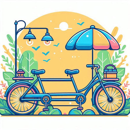 Bicycle with umbrella in the park. Vector illustration in flat cartoon style.のイラスト素材