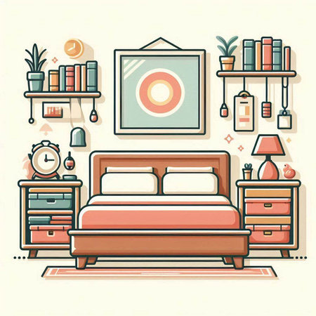 Bedroom interior with furniture. Vector illustration in flat style. Interior design.のイラスト素材