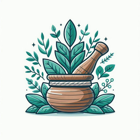 Mortar and pestle with green leaves. Vector illustration.のイラスト素材