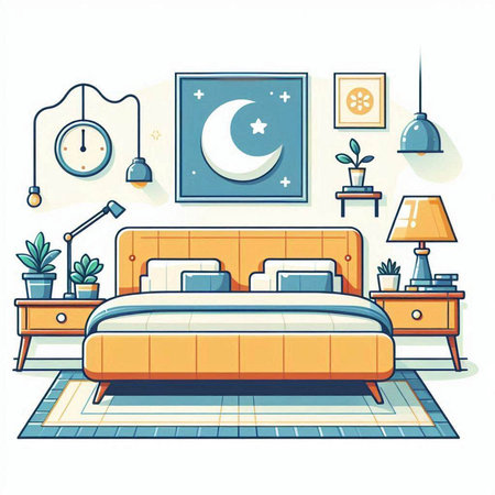 Bedroom interior. Bedroom with bed, lamp, nightstand, crescent moon, nightstands, nightstands. Flat vector illustration.のイラスト素材