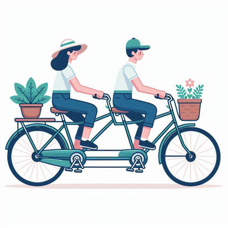 Man and woman riding a tandem bicycle. Flat style vector illustration.のイラスト素材