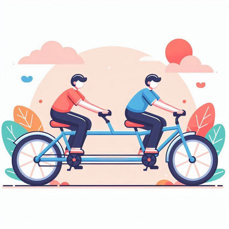 Vector illustration of two men riding a tandem bicycle in the park. Flat styleのイラスト素材