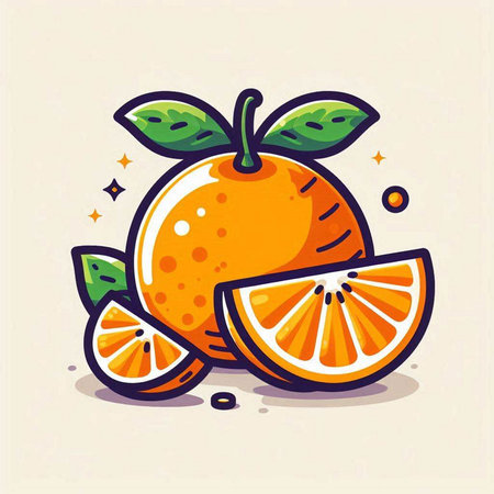 Orange fruit with leaves and slices. Vector illustration in cartoon style.のイラスト素材