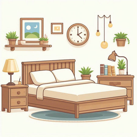 Bedroom interior with furniture. Vector illustration in cartoon style. Bedroom furniture.のイラスト素材