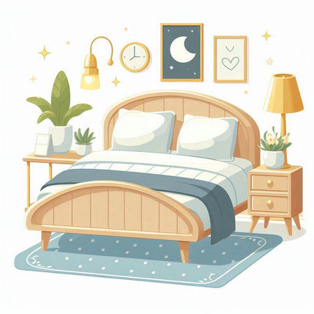 Vector illustration of a cozy bedroom with a double bed and a nightstand. Cartoon style.のイラスト素材