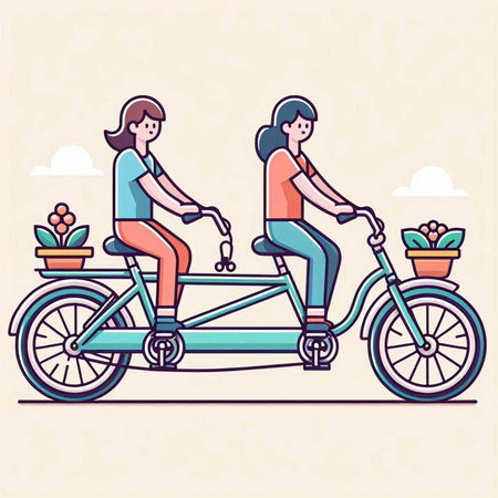 Couple riding a tandem bicycle. Vector illustration in flat style.のイラスト素材