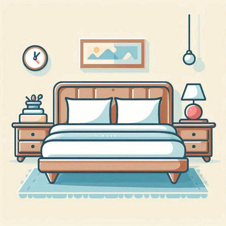 Bedroom interior with bed and lamp. Flat style vector illustration.のイラスト素材
