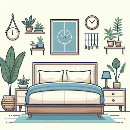Bedroom interior with furniture and plants. Vector illustration in flat styleのイラスト素材