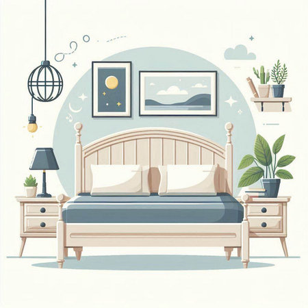 Bedroom interior with bed, lamp, lamp and plants. Vector illustrationのイラスト素材