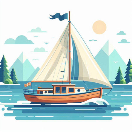 Sailing boat on the sea. Vector illustration in flat style.のイラスト素材