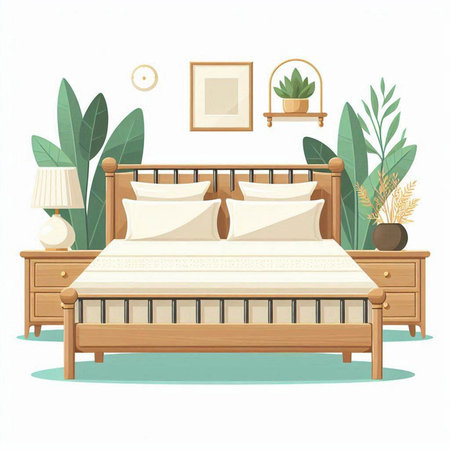 Bedroom interior with wooden bed, lamp and plants. Vector illustration.のイラスト素材