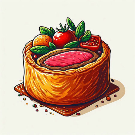 Steak pie with tomato and basil, hand drawn vector illustration.のイラスト素材