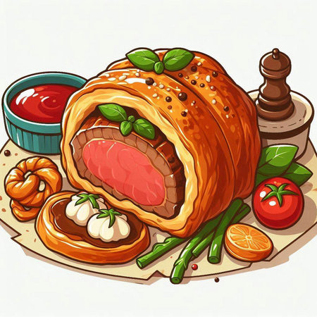 Illustration of a grilled meat roll with asparagus and tomato sauceのイラスト素材