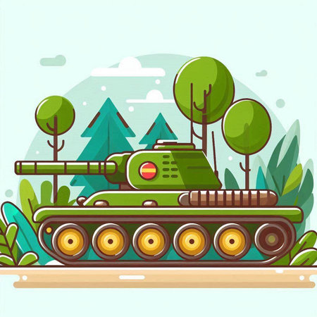 Cartoon tank in the forest. Vector illustration in flat style.のイラスト素材