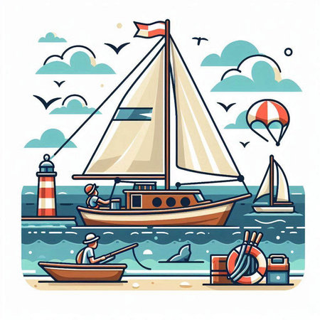 Sailing boat on sea. Vector illustration in flat cartoon style.のイラスト素材