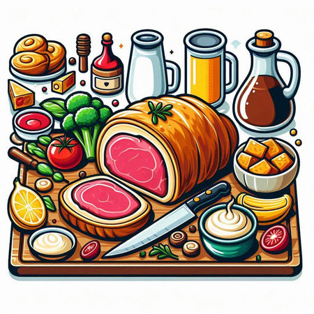 Vector illustration of ham on wooden cutting board with vegetables and meat products.のイラスト素材