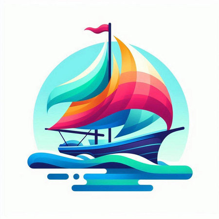 Sailing boat on the waves. Vector illustration in flat style.のイラスト素材