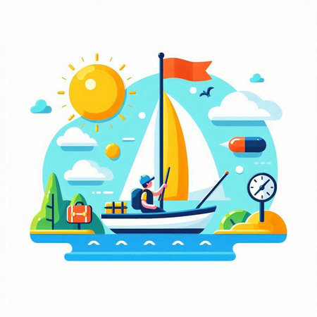 Sailing yacht in the sea flat vector illustration. Cartoon sailboat with man on vacation.のイラスト素材