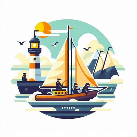 Sailboat on the sea. Vector illustration in flat style.のイラスト素材