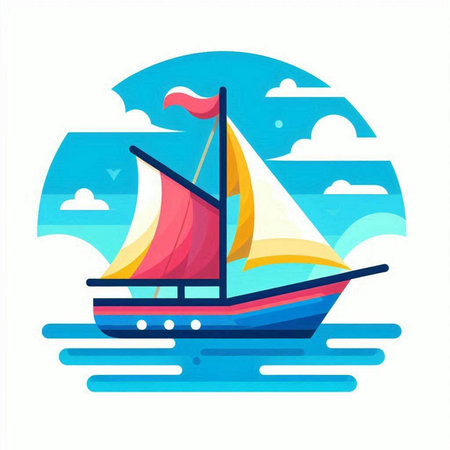 Sailing boat on the sea. Vector illustration in flat style.のイラスト素材