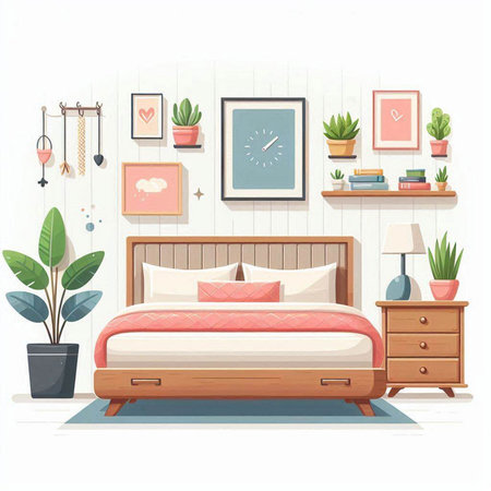 Bedroom interior with furniture and accessories. Vector illustration in flat styleのイラスト素材