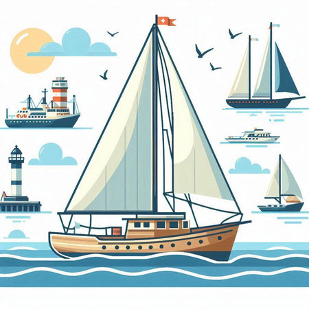 Sailing boat on the sea. Vector illustration in flat style.のイラスト素材