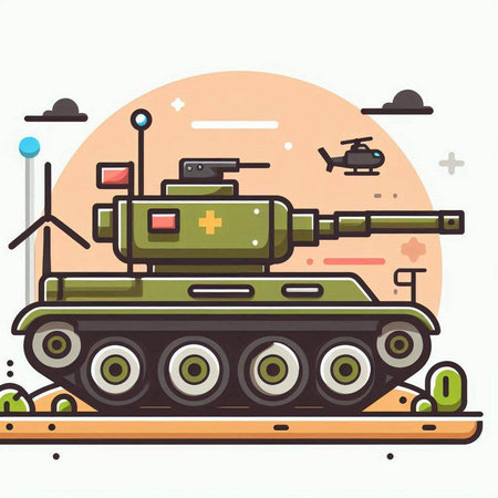 Vector illustration of a tank on the road. Flat style design.のイラスト素材