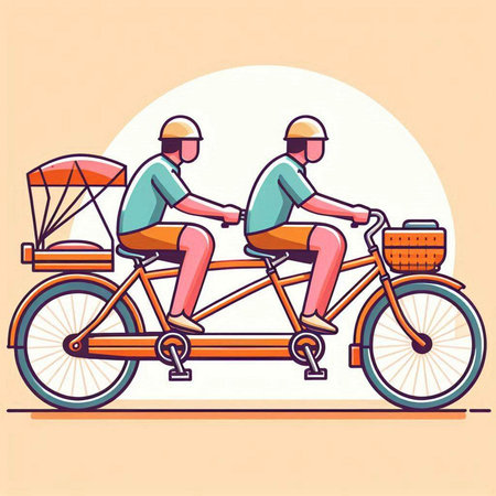 Bicyclist couple riding on tandem bicycle, flat vector illustration.のイラスト素材