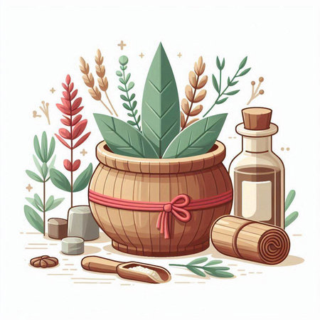 Vector illustration of a wooden barrel with a bottle of essential oil and herbs.のイラスト素材