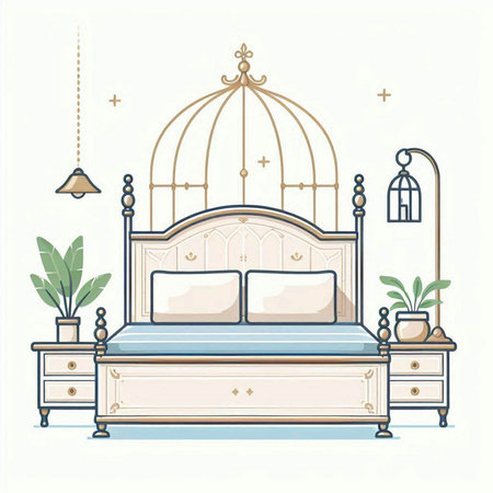 Vector illustration of a classic bedroom with a double bed and a bird cageのイラスト素材