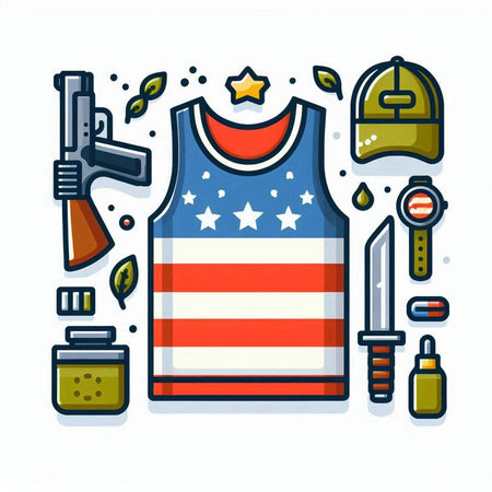 T-shirt with american symbols. Vector illustration in thin line style.のイラスト素材