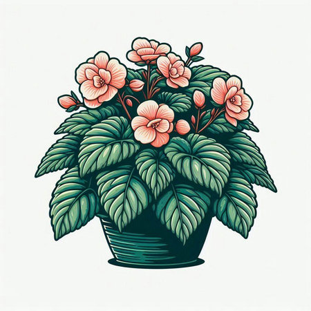 Flowerpot with pink begonia. Hand drawn vector illustration.のイラスト素材