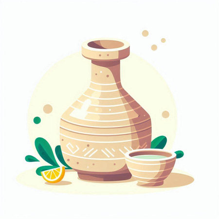 Ceramic jar with green tea and lemon. Vector flat illustration.のイラスト素材