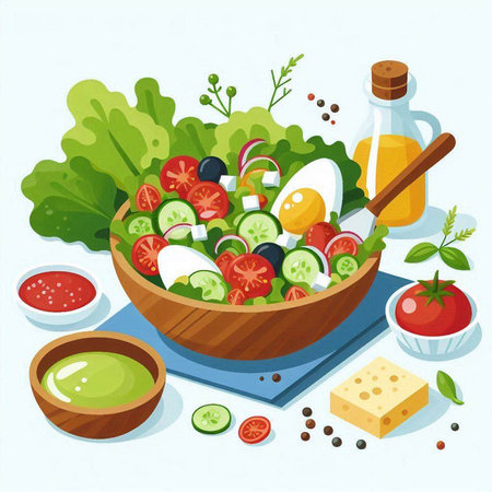 Vegetable salad in a wooden bowl with ingredients. Vector illustration.のイラスト素材