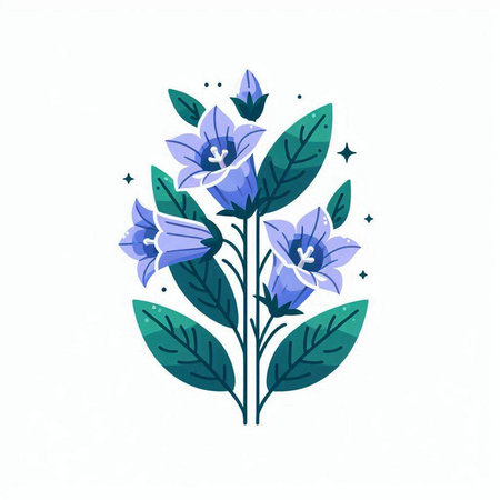 Illustration of a blue bellflower with leaves on a white backgroundのイラスト素材